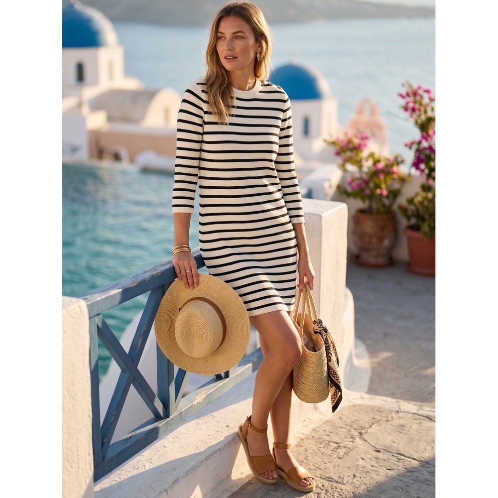 Theory Lemdrella Striped Sweater Dress Parchment Black Button Shoulder S $395